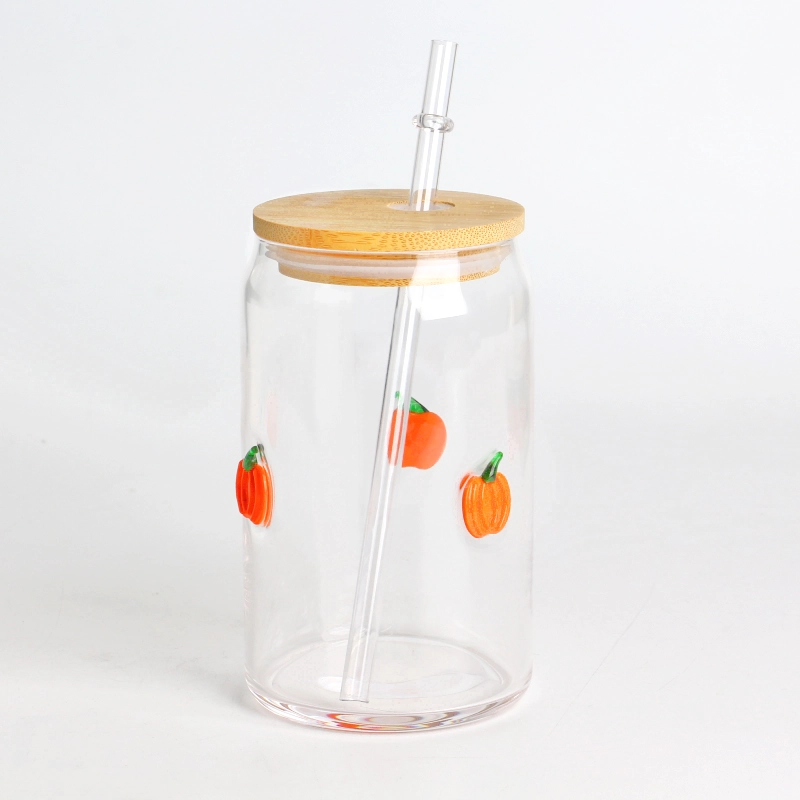 수제 높은 붕규산염 16온스 500ml 인레이 호박 할로윈 장식 유리 텀블러, 대나무 뚜껑과 짚 BPA 프리 재사용 가능한 스무디와 커피 컵