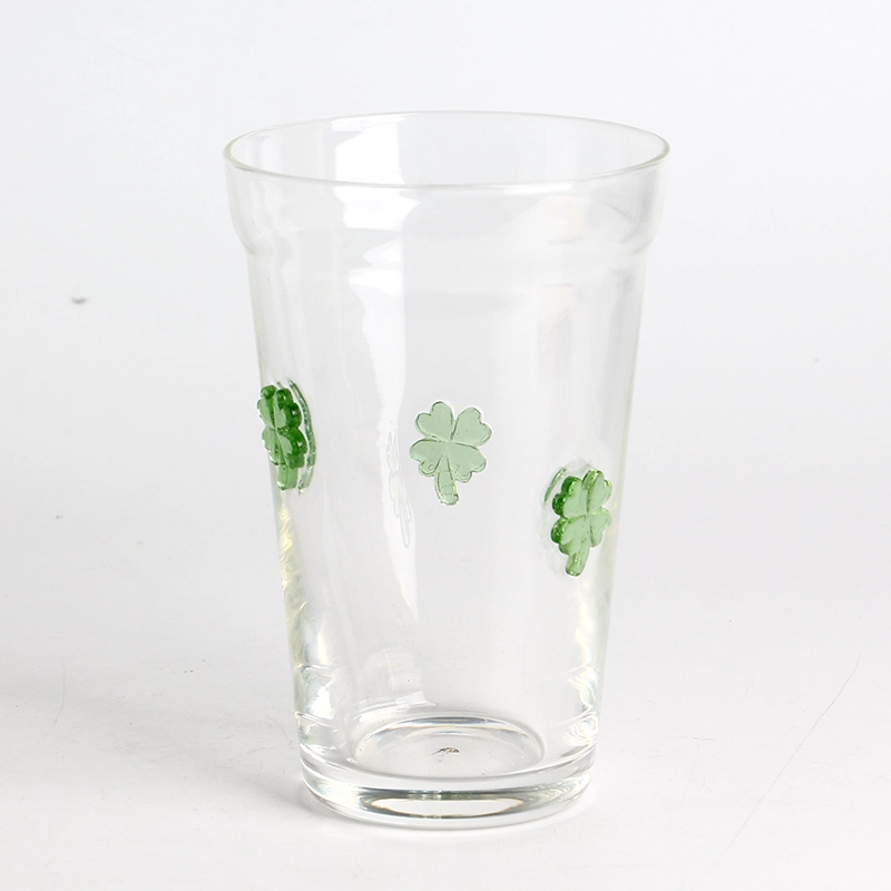 Handmade clear 12oz beer beverage glass drinking tumbler with Clover 3D inlay decoration