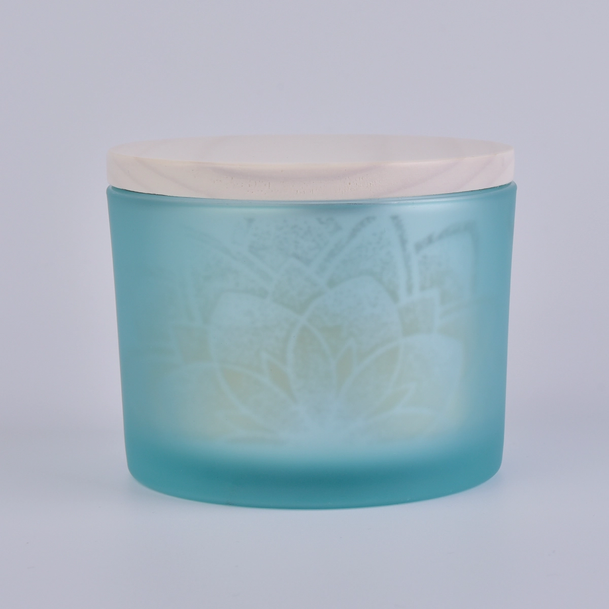 matte blue decorative glass candle container with wooden lid