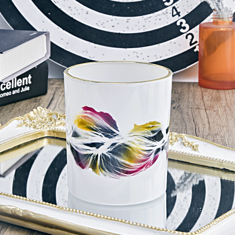 luxury hand paint artwork 10oz glass candle jar with gold rim luxury hand paint artwork 10oz glass candle jar with gold rim