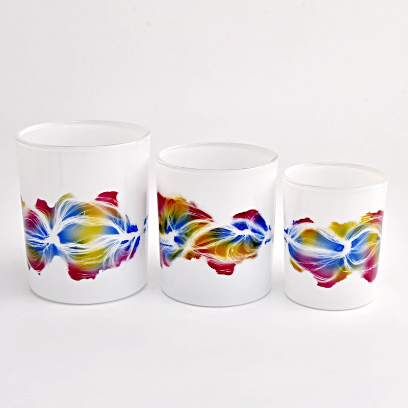 white glass candle holder with colorful painting 250ml candle jars