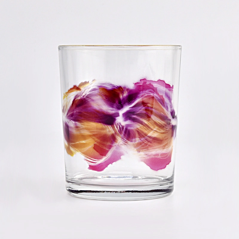wholesale small capacity glass candle jars with colorful painting and gold rim