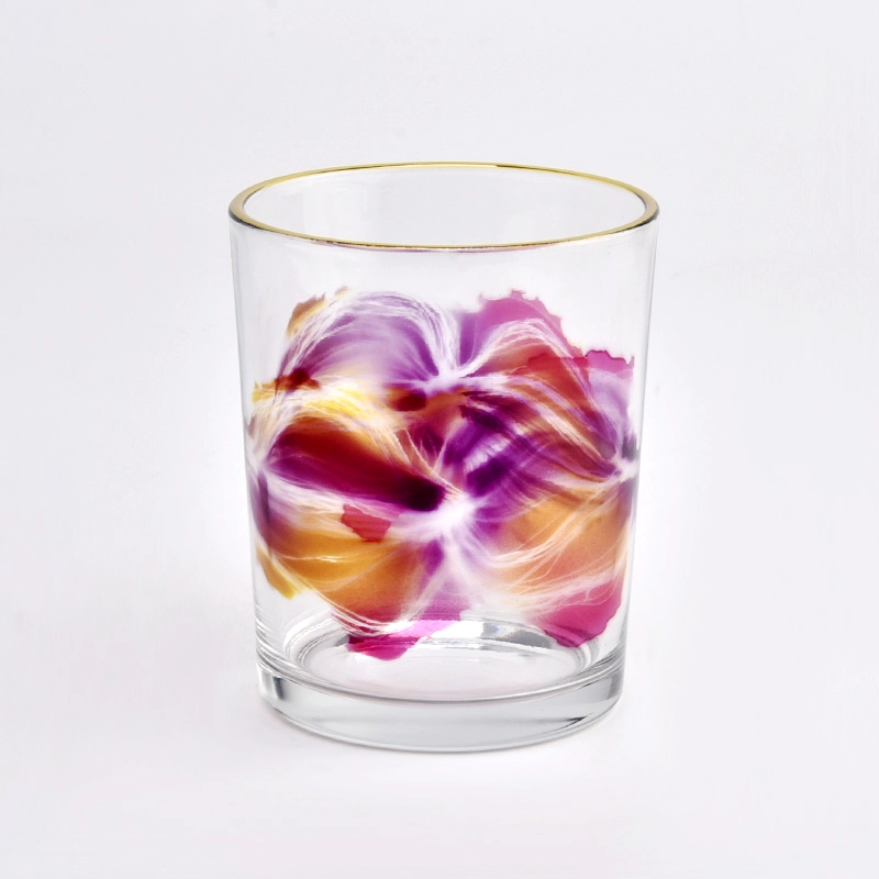 wholesale small capacity glass candle jars with colorful painting and gold rim