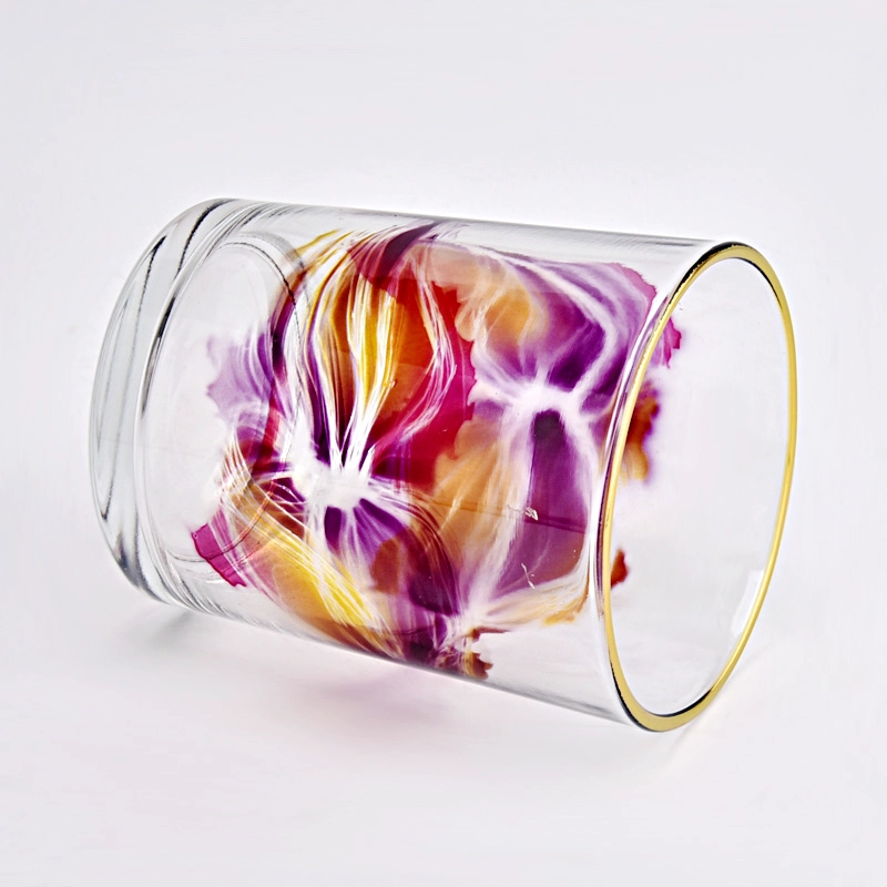 wholesale small capacity glass candle jars with colorful painting and gold rim
