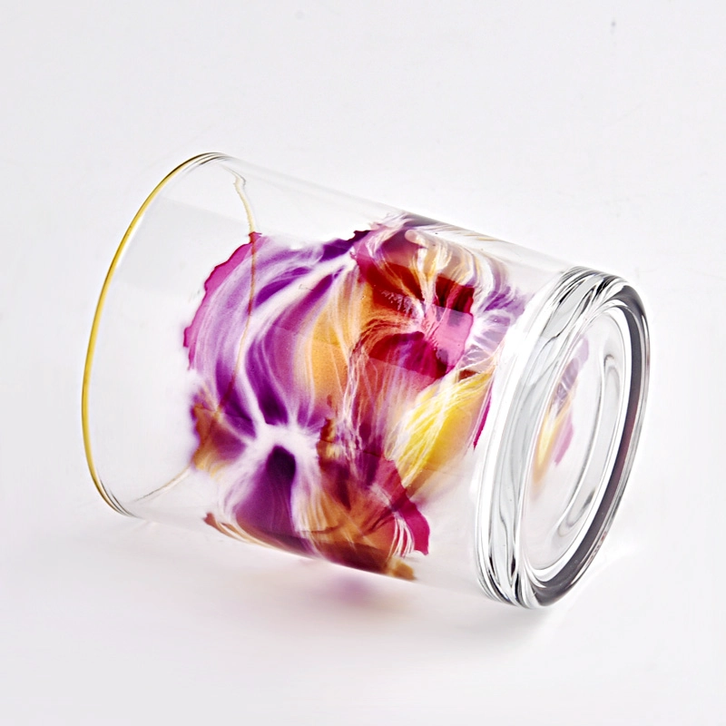 wholesale small capacity glass candle jars with colorful painting and gold rim