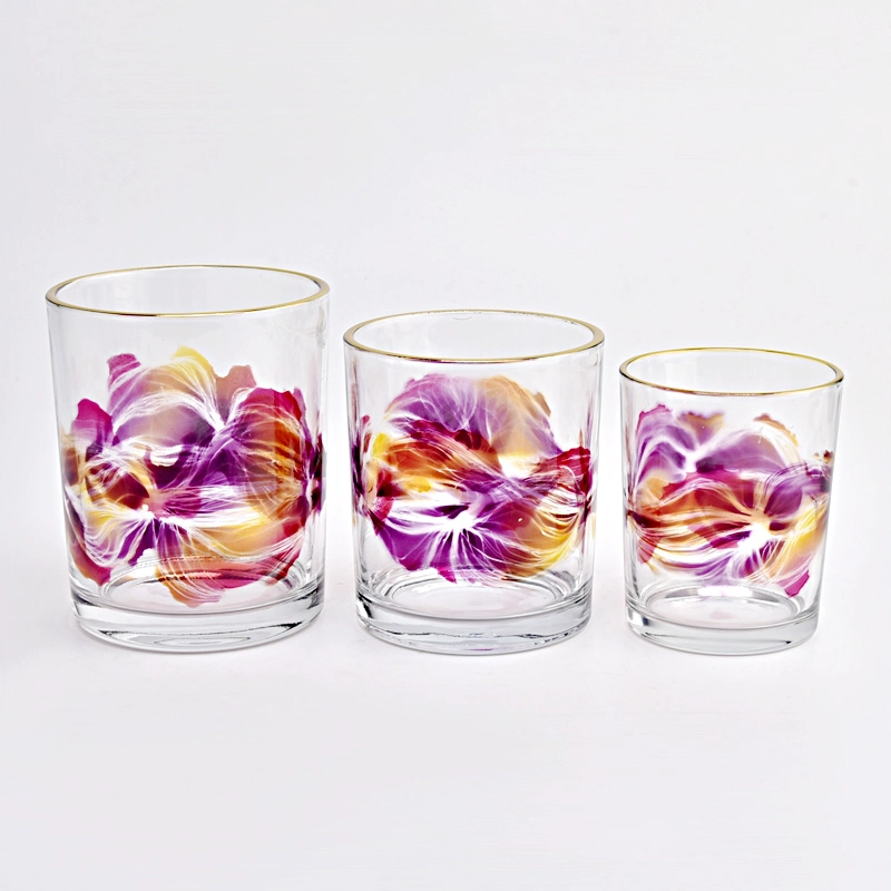 wholesale small capacity glass candle jars with colorful painting and gold rim