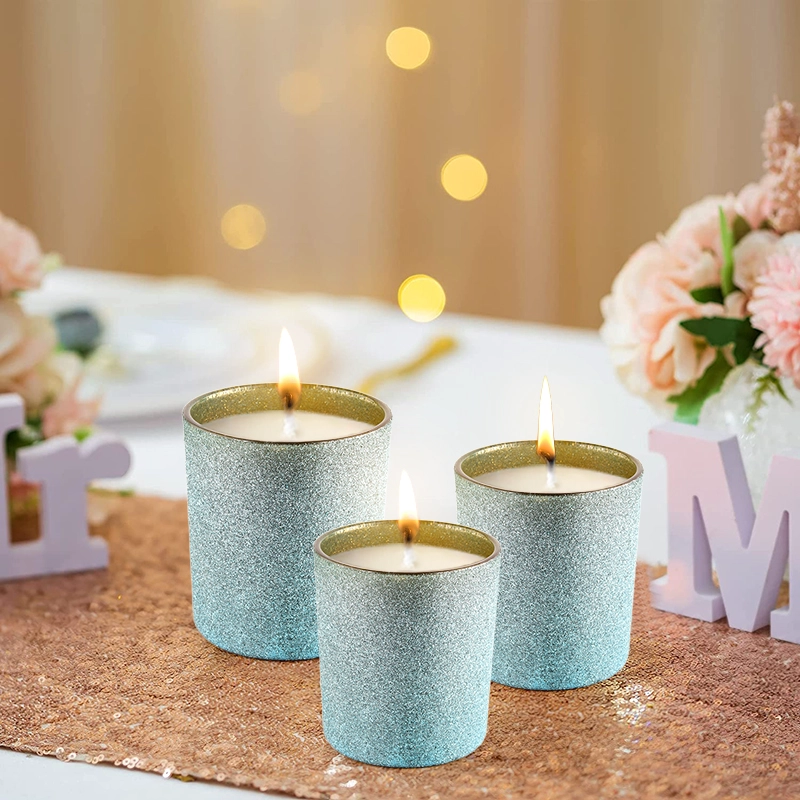 Wholesales 8oz Custom Luxury Bule Frosted Interior Golden Empty Glass Candle Jars