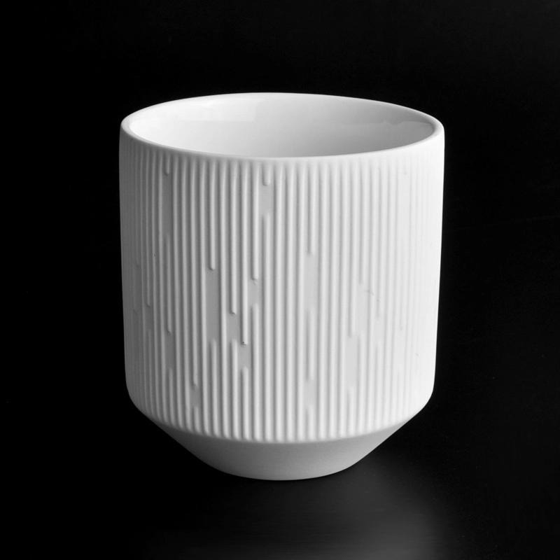 Tapered bottom ceamic candle jar with white stripe wholesale