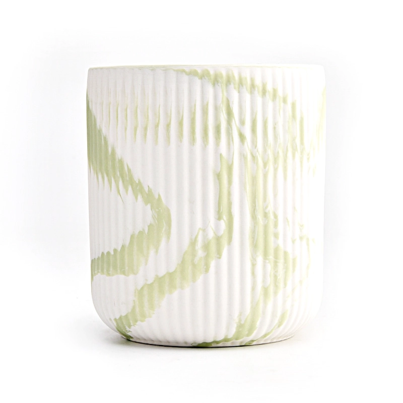 Customized green color artwork effect on the 450ml vertical line ceramic candle holder for supplier Customized green color artwork effect on the 450ml vertical line ceramic candle holder for supplier
