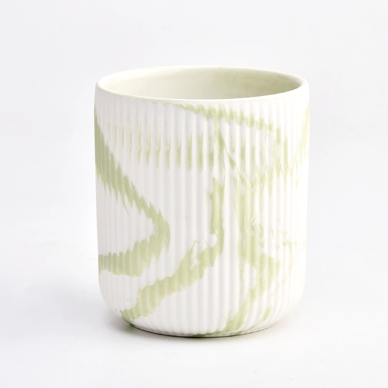 Customized green color artwork effect on the 450ml vertical line ceramic candle holder for supplier Customized green color artwork effect on the 450ml vertical line ceramic candle holder for supplier