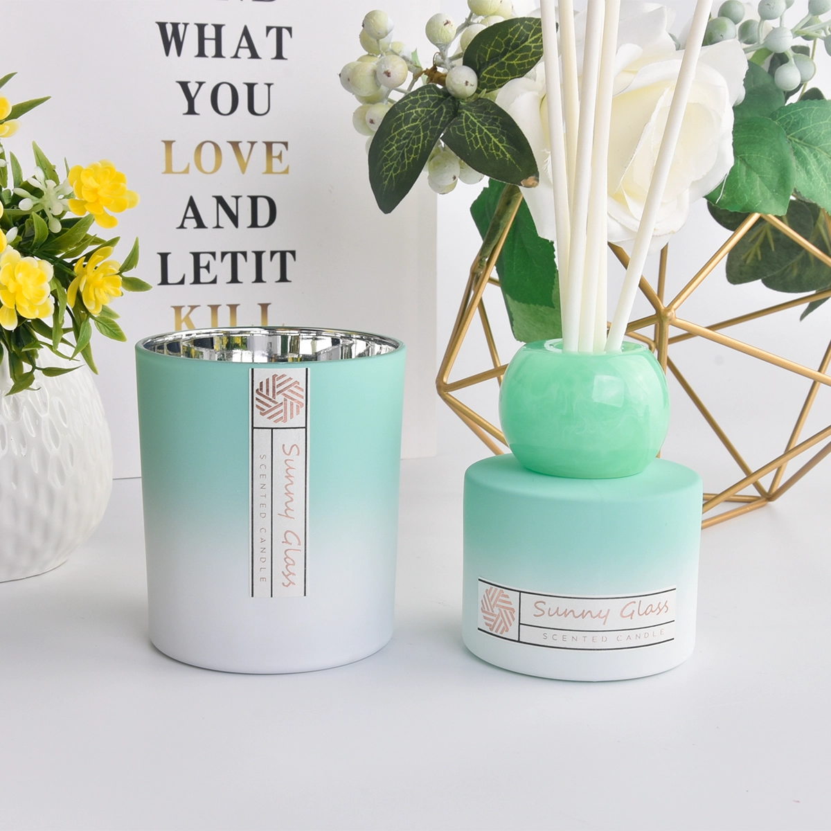 glass candle vessel with glass diffuser bottle set