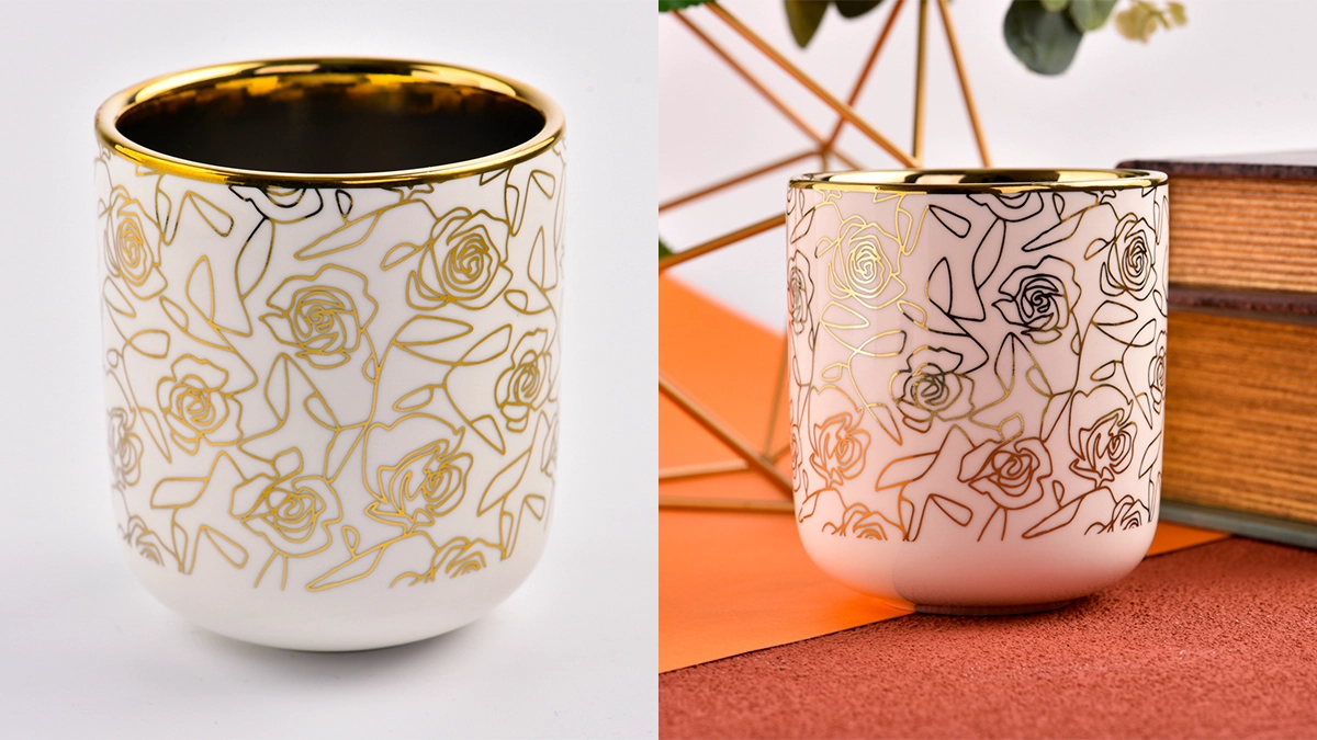 golden ceramic stoneware candle jars with rose outside golden ceramic stoneware candle jars with rose outside
