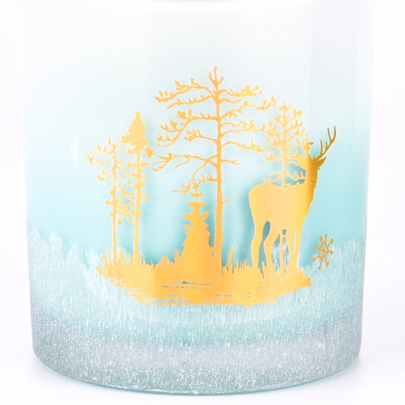 Wholesale gradient blue color with gold christmas pattern on the 8oz glass candle holder for home deco Wholesale gradient blue color with gold christmas pattern on the 8oz glass candle holder for home deco