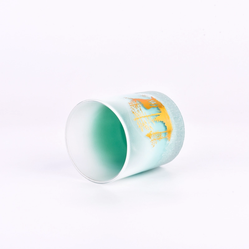 Wholesale gradient blue color with gold christmas pattern on the 8oz glass candle holder for home deco