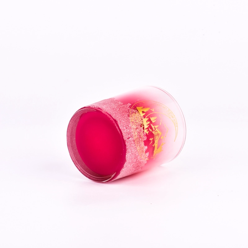 Popular gradient pink color with gold customized pattern on the 300ml glass candle holder for wholesale
