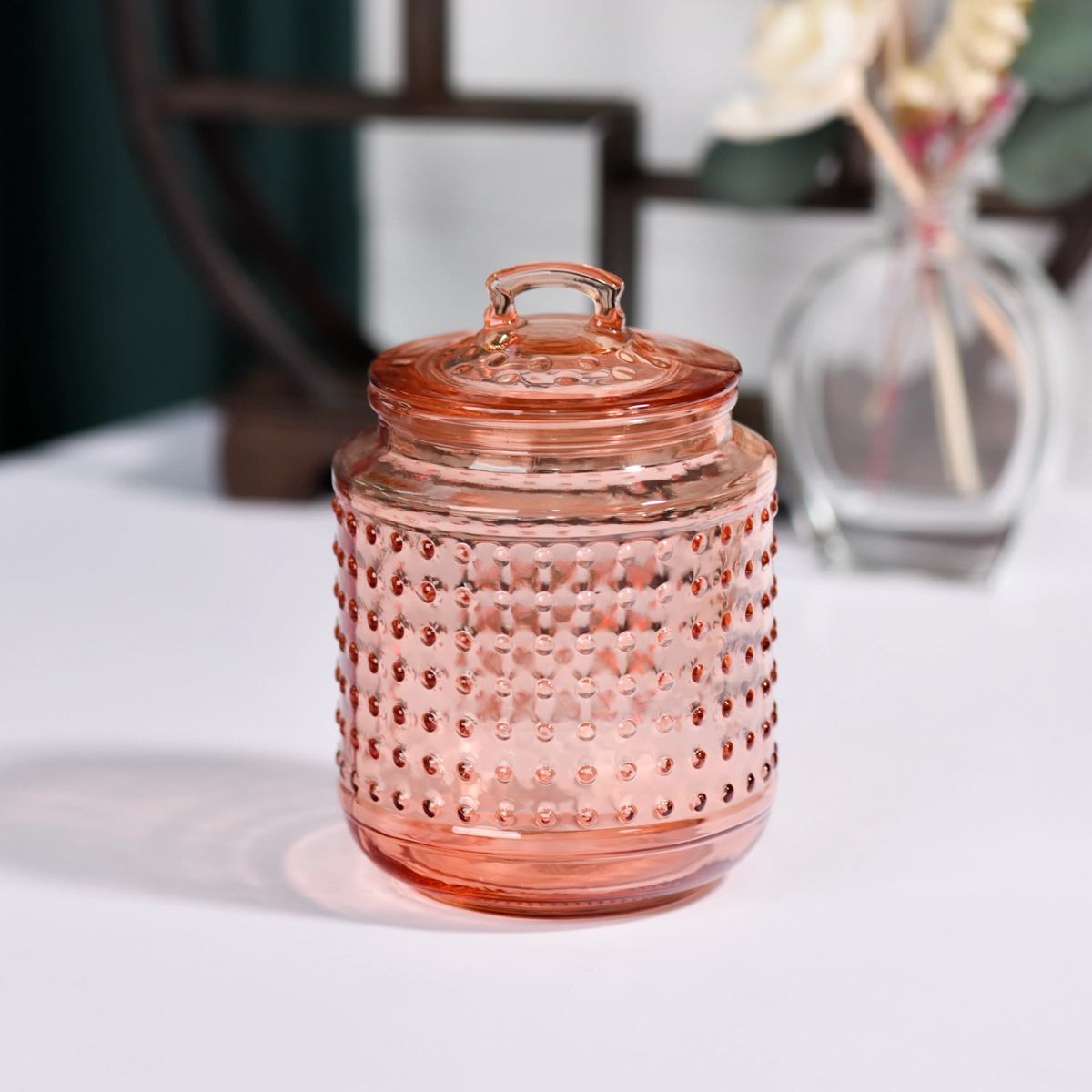 Bubble glass candle jars with lids and candle holders