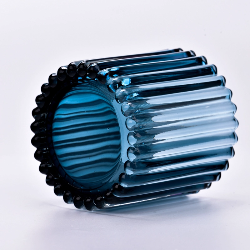 Wholesale Modern Ribbed Glass Candle Vessels with blue color decor