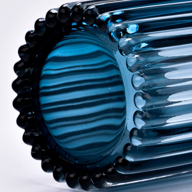 Wholesale Modern Ribbed Glass Candle Vessels with blue color decor