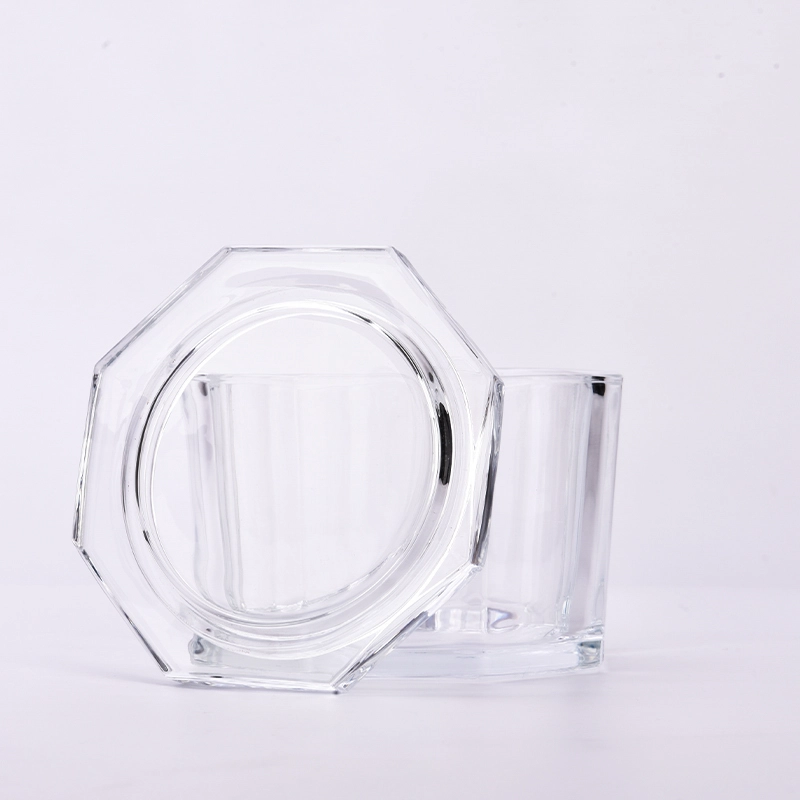 Large octagon glass candle jars with glass lids for wholesale 