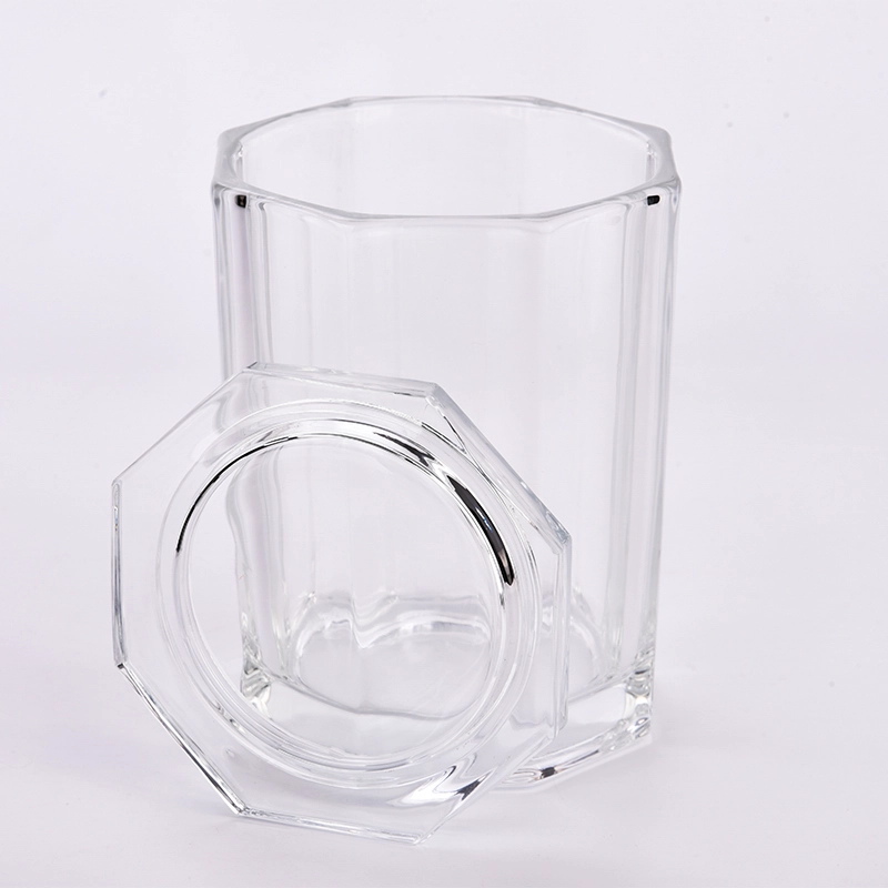 Large octagon glass candle jars with glass lids for wholesale 
