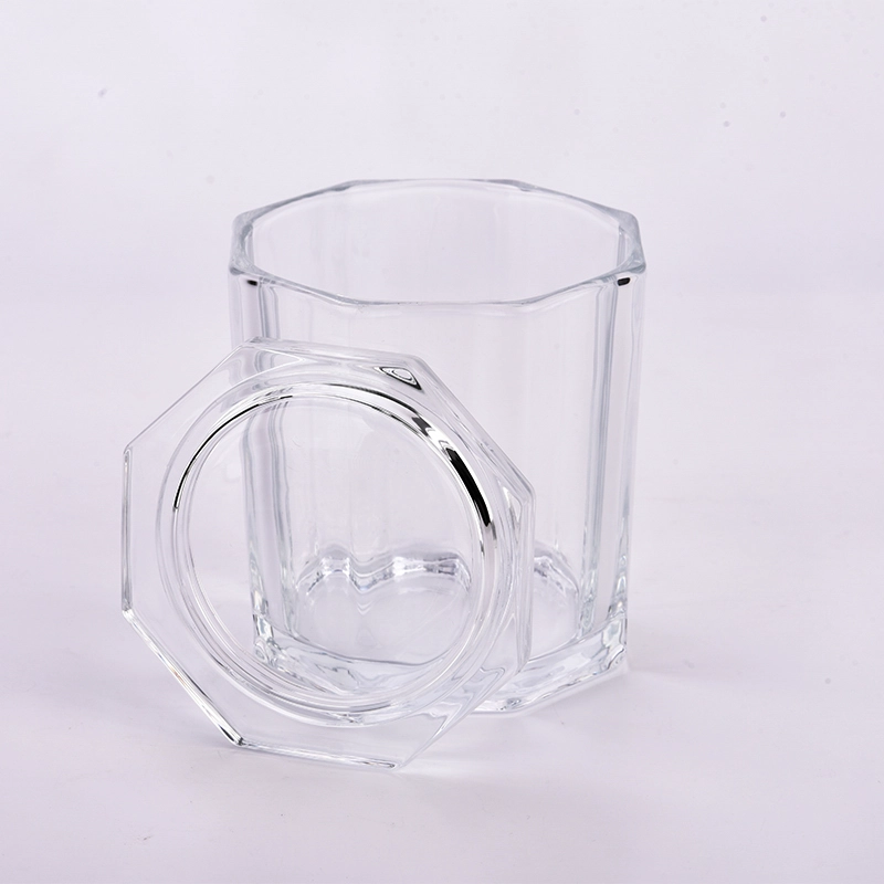 Large octagon glass candle jars with glass lids for wholesale 