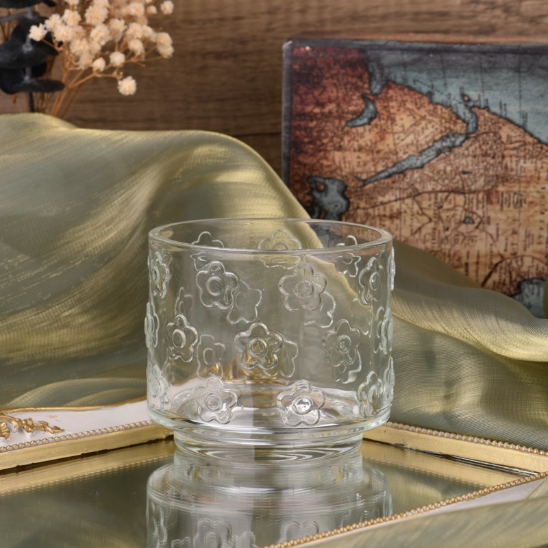 Wholesale relief flower pattern glass candle jars home decor