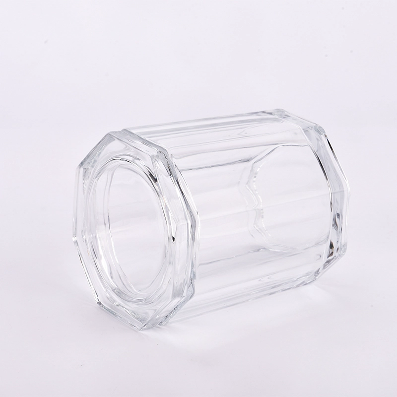 Popular polygonal vertical line 700ml glass candle jars with glass lids for wedding