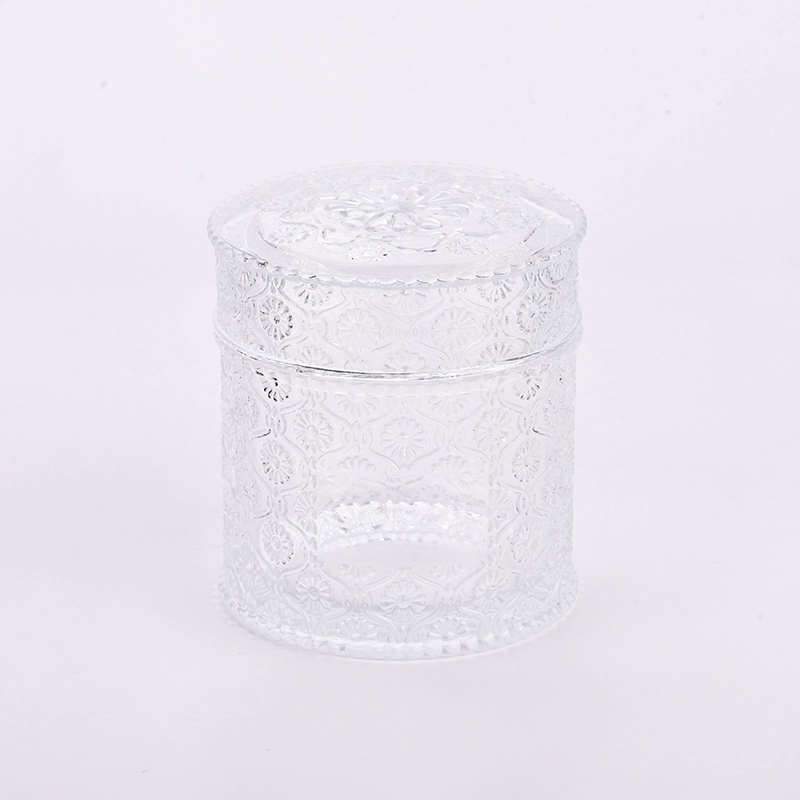 popular size glass embossed glass candle container with lid 