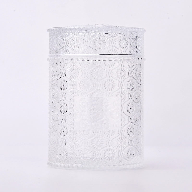 Wholesale 741ml glass candle jar with lid flower pattern candle container Wholesale 741ml glass candle jar with lid flower pattern candle container