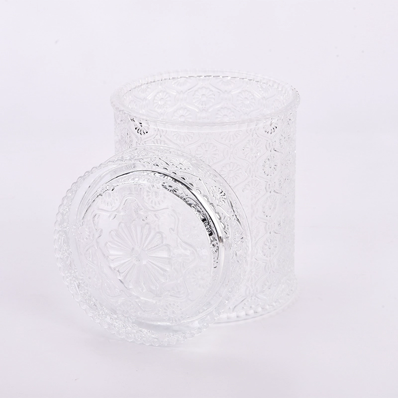 Wholesale 741ml glass candle jar with lid flower pattern candle container Wholesale 741ml glass candle jar with lid flower pattern candle container