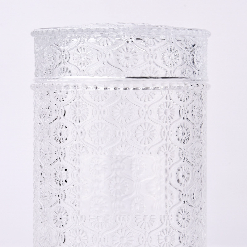Wholesale 741ml glass candle jar with lid flower pattern candle container