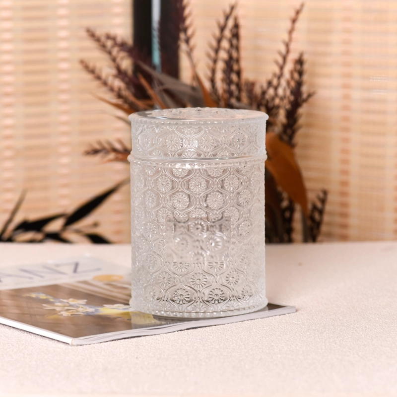 Wholesale 741ml glass candle jar with lid flower pattern candle container