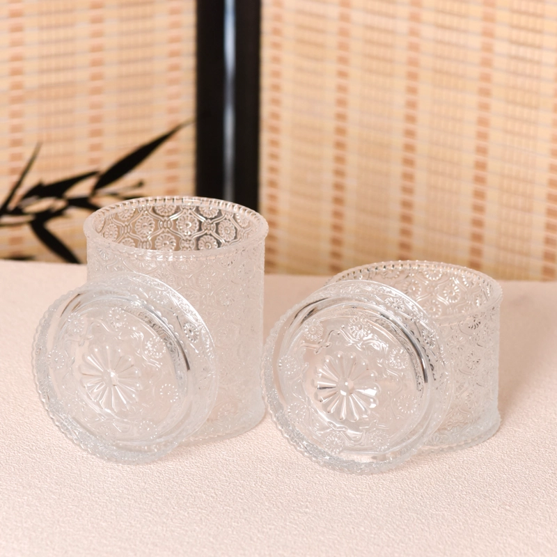 Wholesale 741ml glass candle jar with lid flower pattern candle container Wholesale 741ml glass candle jar with lid flower pattern candle container