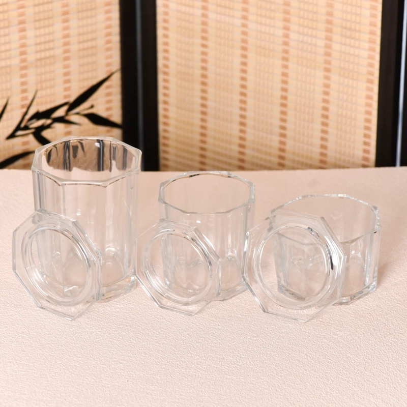 Wholesale custom logo octagonal 691ml transparent large capacity glass candle jar with lid