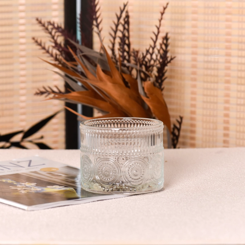 Wholesale clear glass candle jar empty with embossed logo in bulk