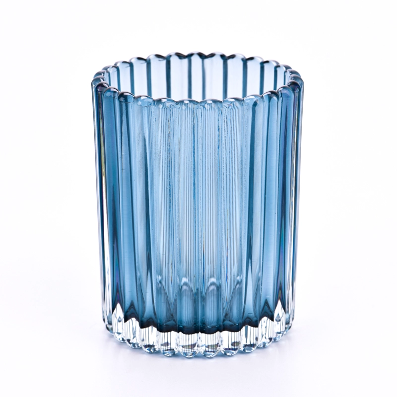 Popular 300ml transparent blue on vertical line glass candle for supplie