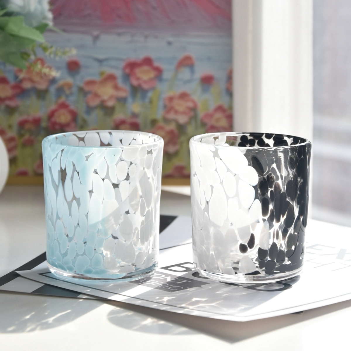Custom blue and white spotted glass candle jar for candle making Custom blue and white spotted glass candle jar for candle making