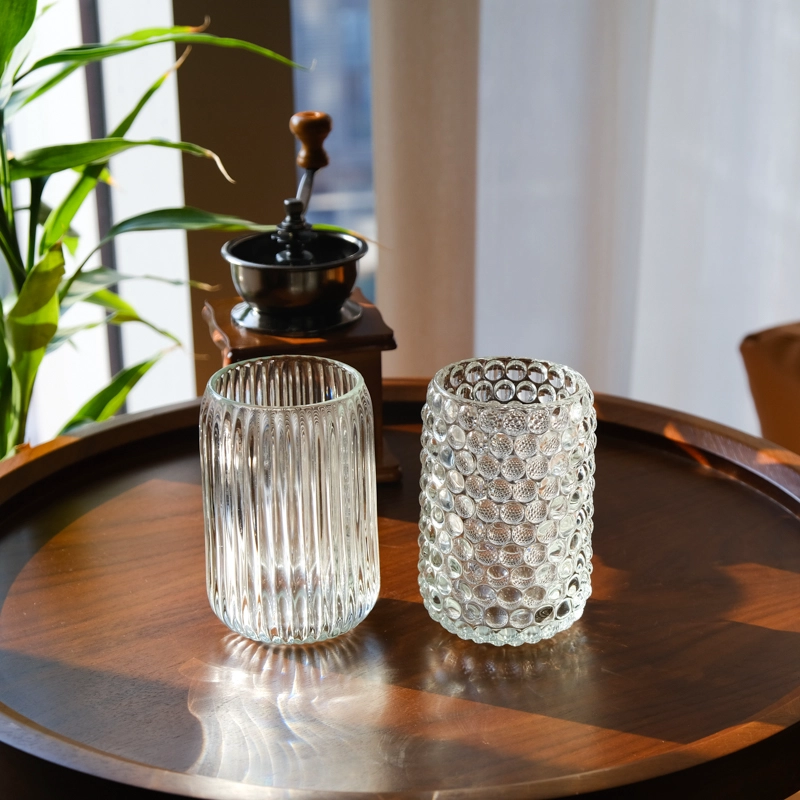 Newly designed striped transparent glass candle jar for wholesalers