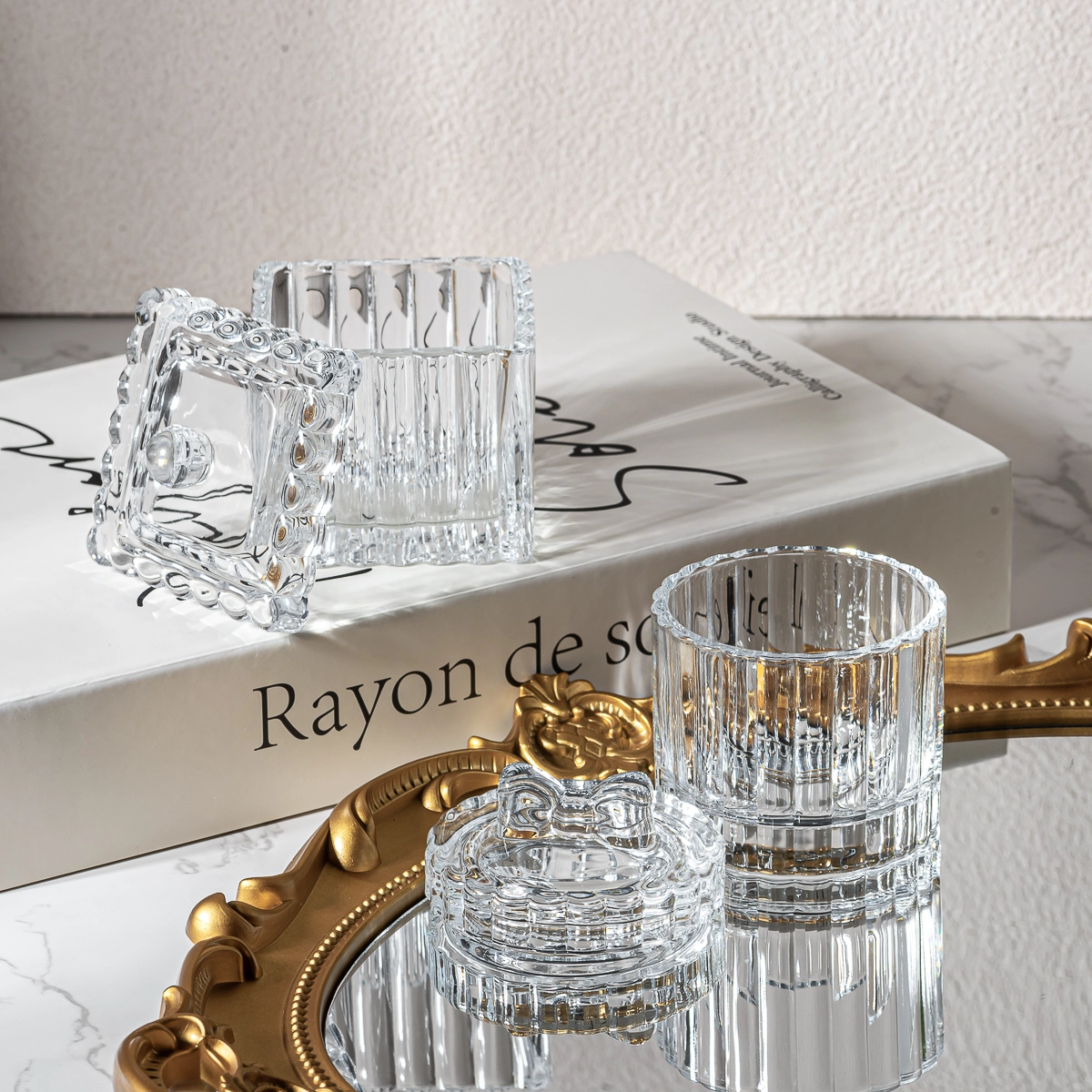 Wholesale 90ml ribbed cylinder shape Glass Candle Jars with glass lid Wholesale 90ml ribbed cylinder shape Glass Candle Jars with glass lid