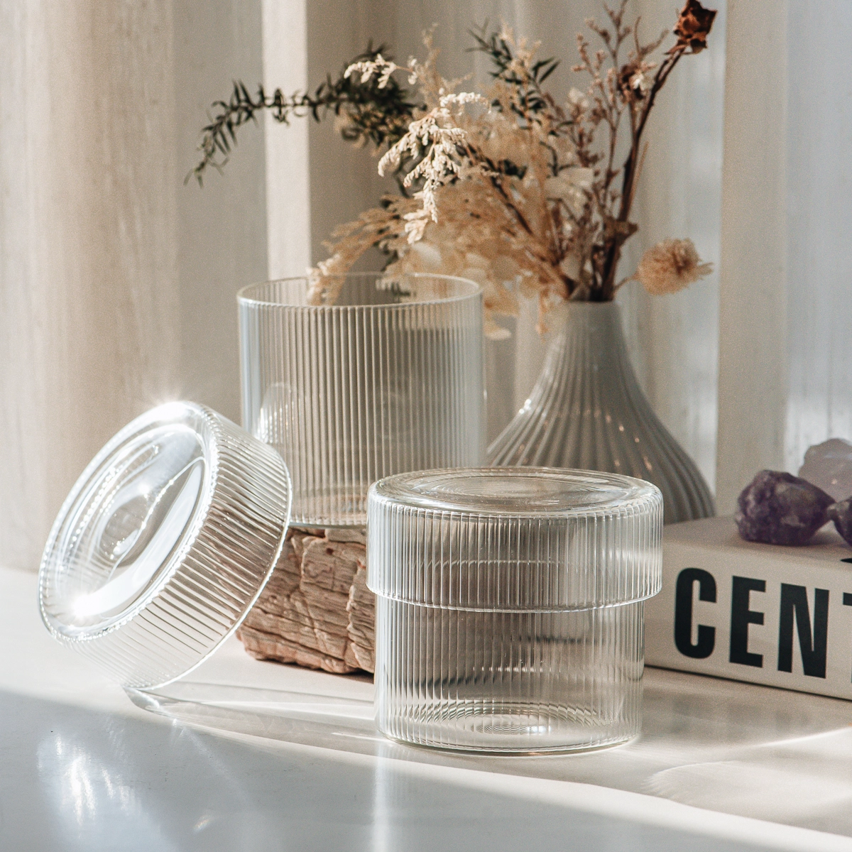 Tarro de vidrio transparente de lujo con alto contenido de borosilicato, al por mayor