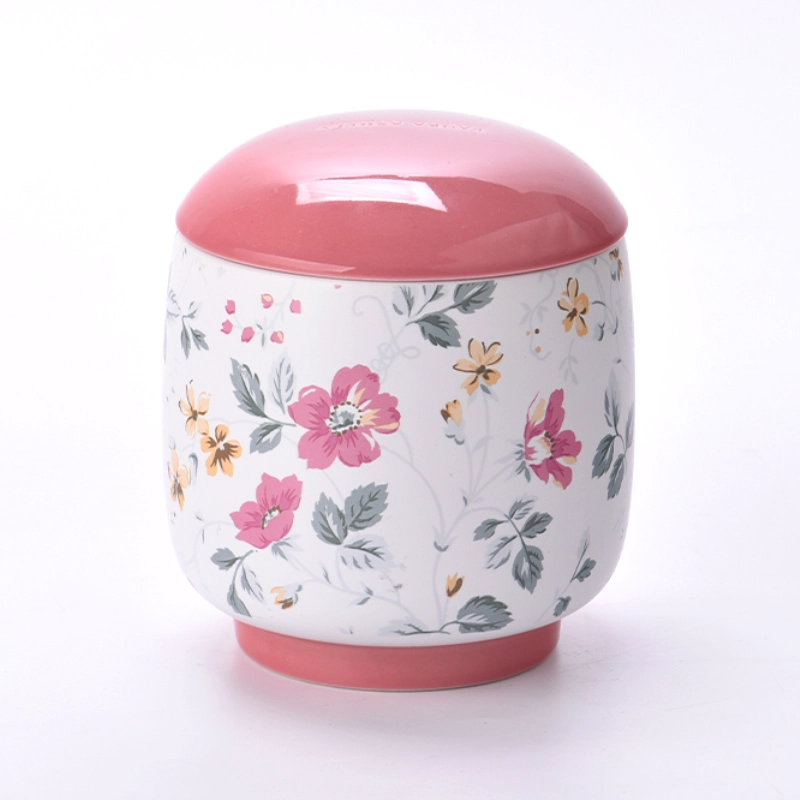 Spring Floral Ceramic Candle Jar With Lids Custom Ceramic Candle Containers