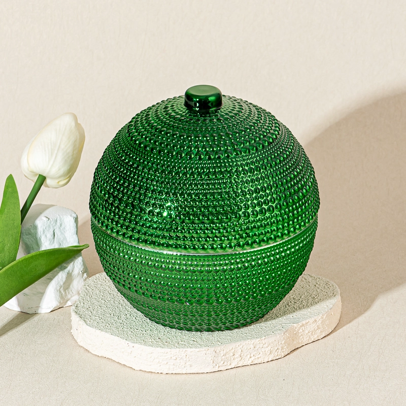 Luxury Green Embossed Ball Shape Glass Candle Jar with Lid Decorative Candle Holder Luxury Green Embossed Ball Shape Glass Candle Jar with Lid Decorative Candle Holder