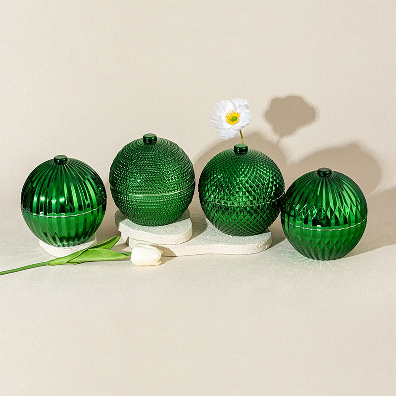 Luxury Green Embossed Ball Shape Glass Candle Jar with Lid Decorative Candle Holder Luxury Green Embossed Ball Shape Glass Candle Jar with Lid Decorative Candle Holder