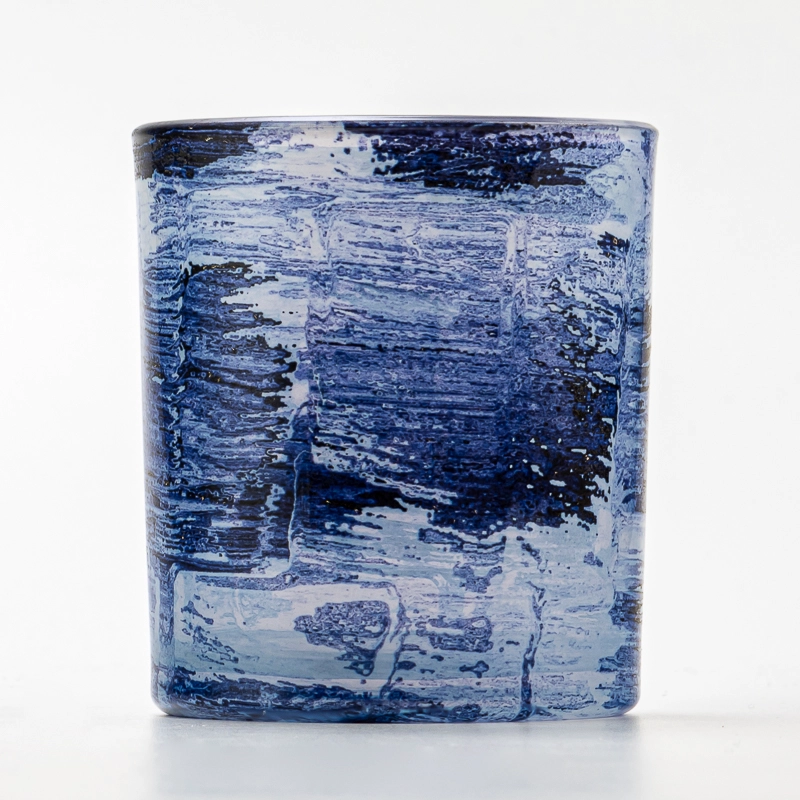 handmade Brush Blue Glass Candle Holder Jar