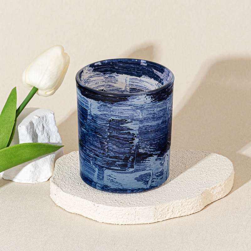 handmade Brush Blue Glass Candle Holder Jar