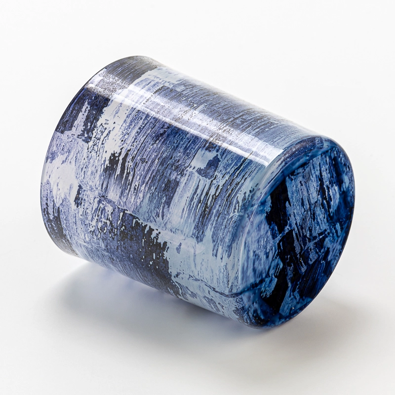 handmade Brush Blue Glass Candle Holder Jar