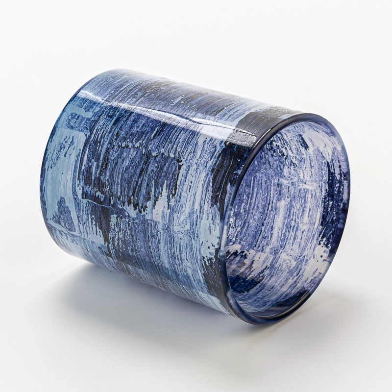 handmade Brush Blue Glass Candle Holder Jar