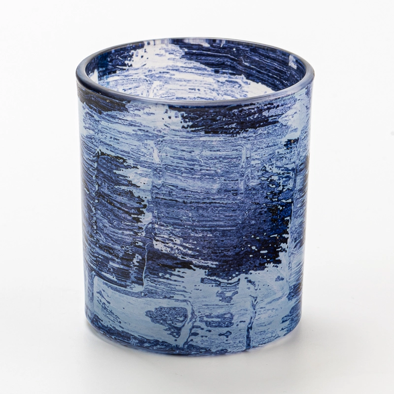 handmade Brush Blue Glass Candle Holder Jar