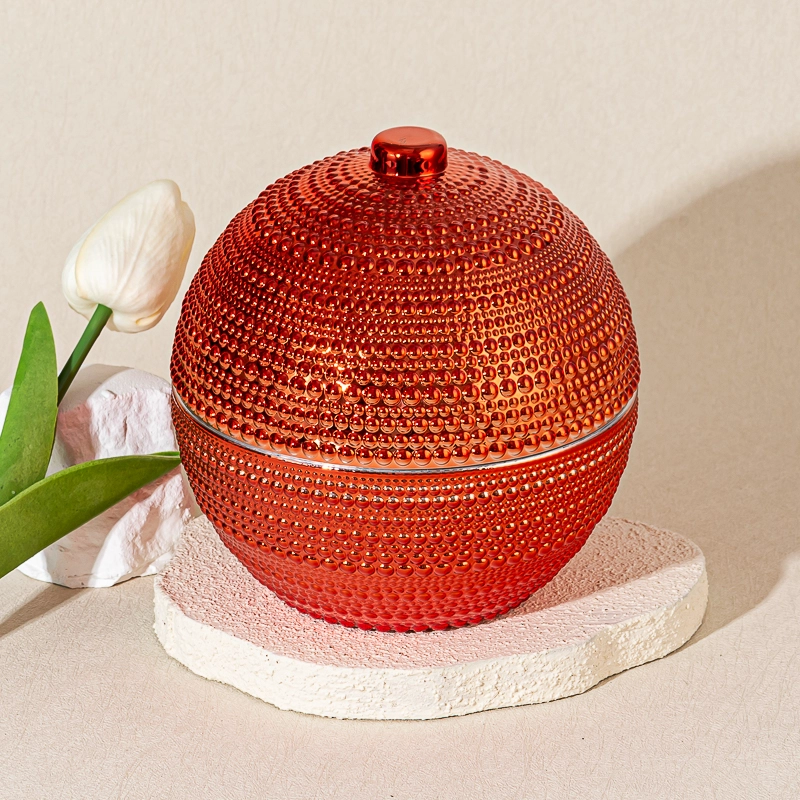 Luxury Red Embossed Ball Shape Decorative Candle Holder Glass Candle Jar with Lid