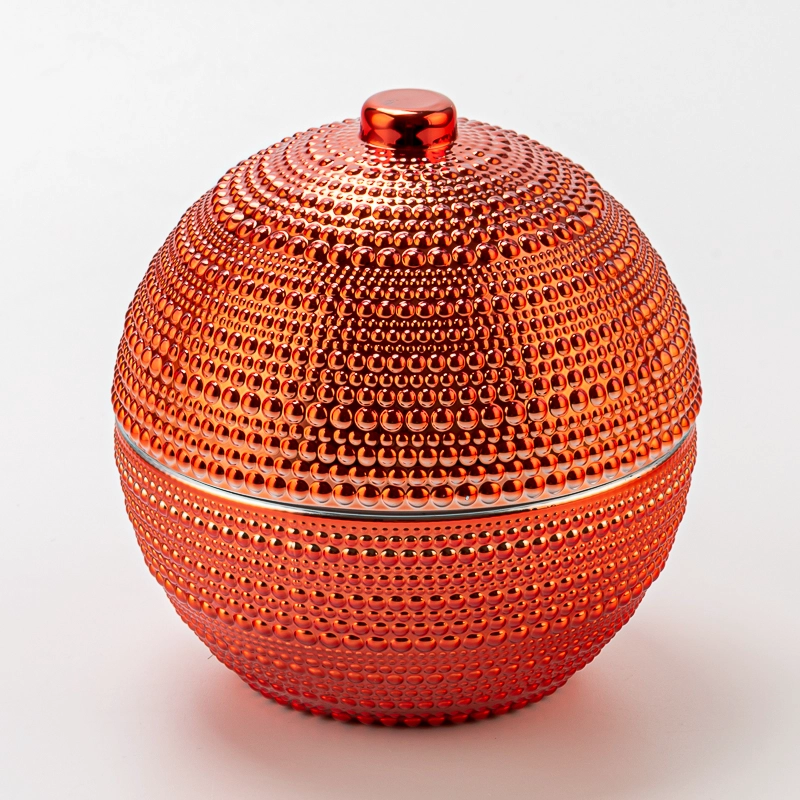 Luxury Red Embossed Ball Shape Decorative Candle Holder Glass Candle Jar with Lid